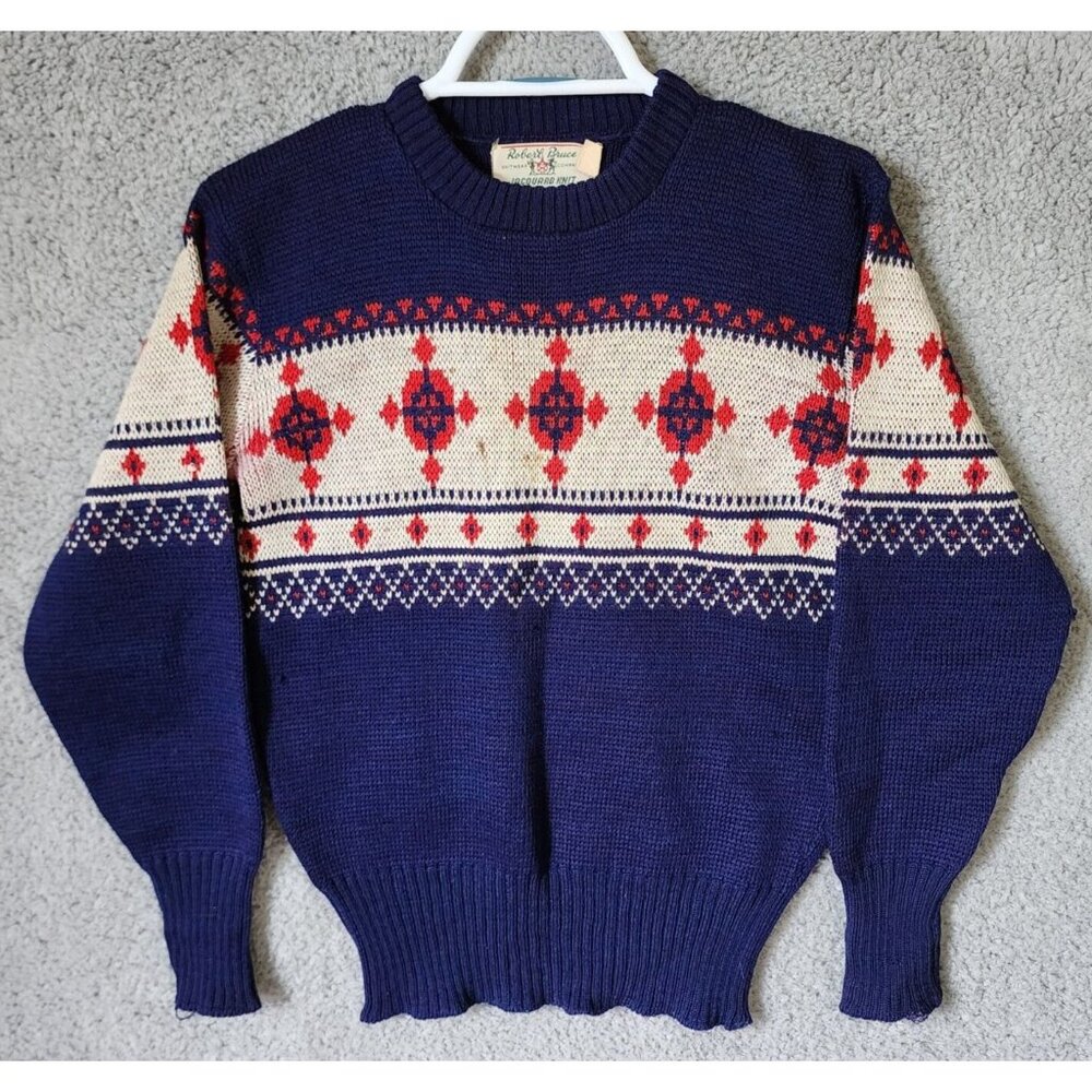 VTG Robert Bruce Jacquard Knit Fair Isle Sweater‎ 100% Virgin Wool Size S USA